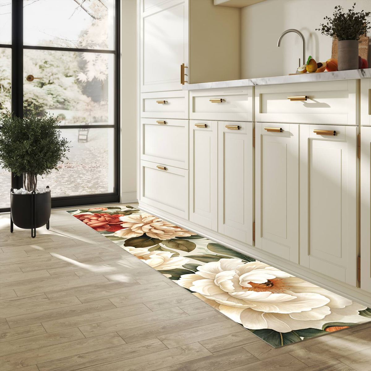Hygienischer Bodenläufer Teppich mit Motiv Florales Blütenmuster in heller Küche