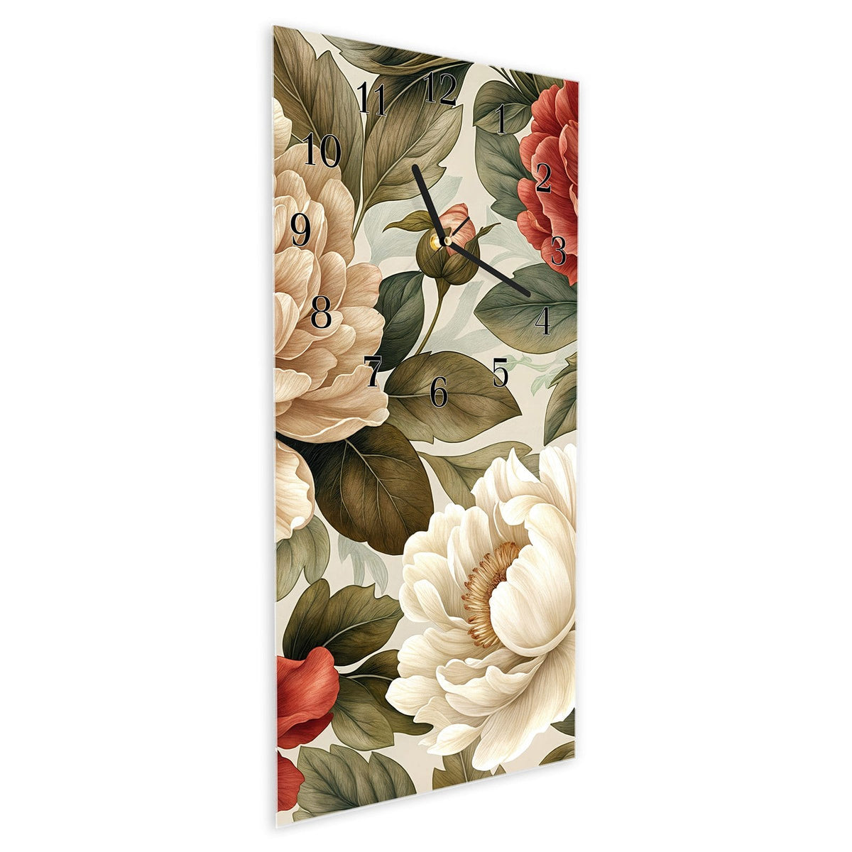 Vormontiert – mit Schwebeeffekt – Wanduhr Florales Blütenmuster aus Glas – Hochformat 30 × 60 cm
