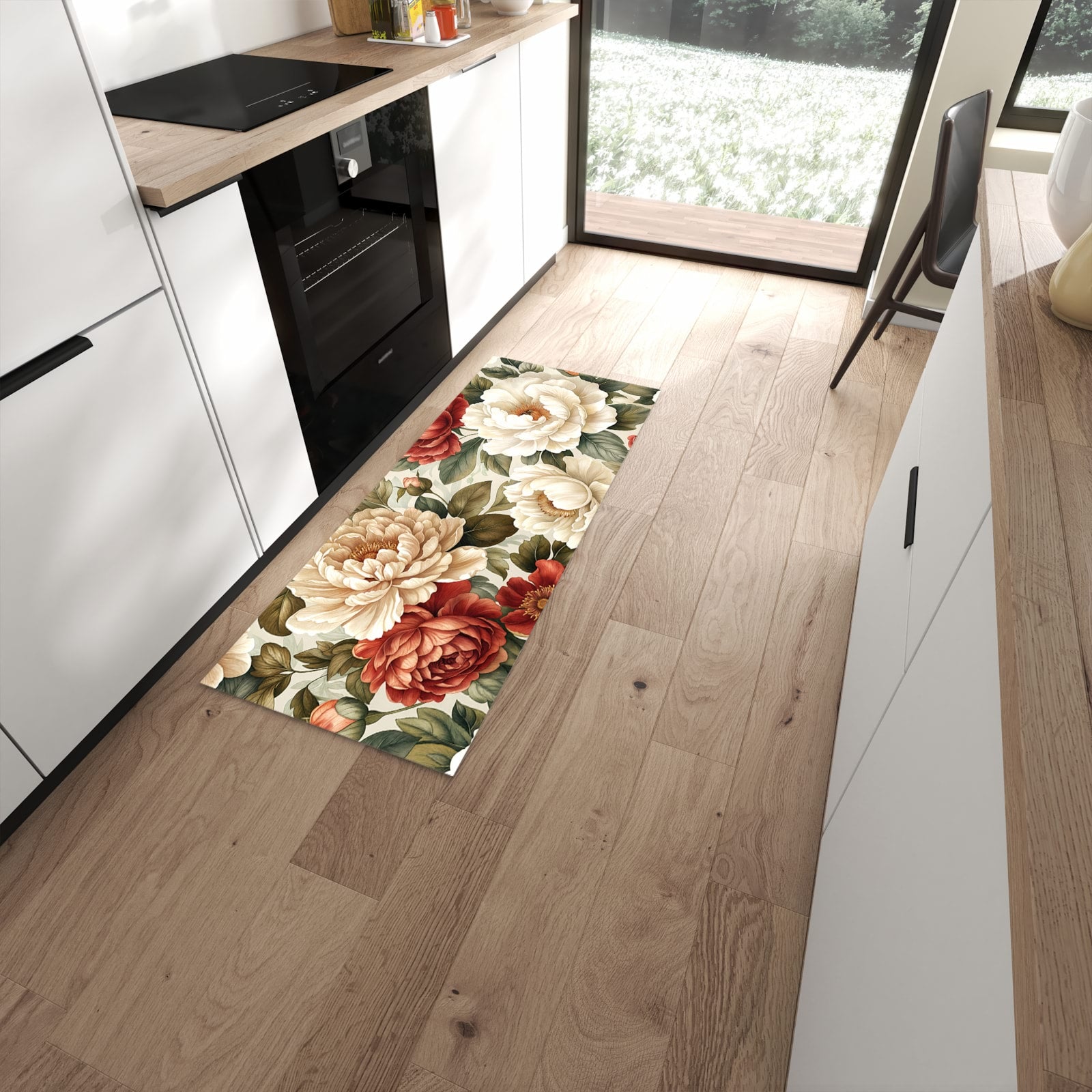 Farbbeständiger dünner Teppich mit Motiv Florales Blütenmuster in moderner Küche #grösse_60 x 150 cm