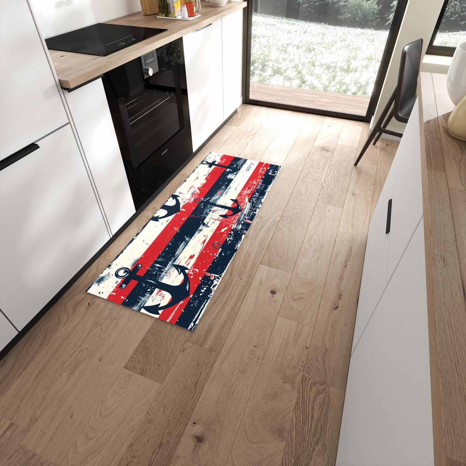 Komfortabler Küchenläufer mit Motiv Anker Streifen in moderner Küche #grösse_60 x 150 cm