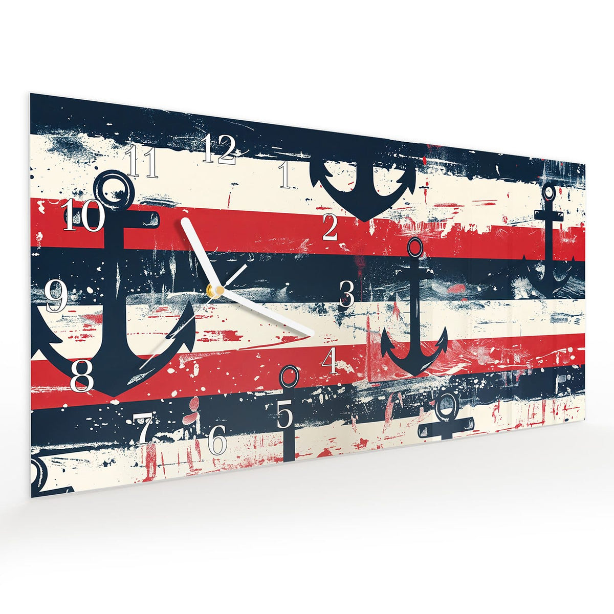 Vormontiert – mit Schwebeeffekt – Wanduhr Anker Streifen aus Glas – Querformat 60 × 30 cm