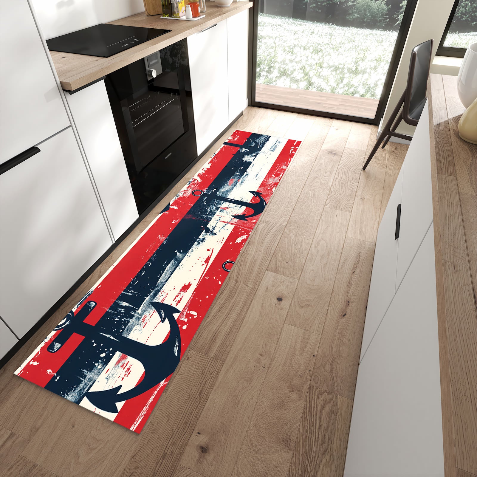 Pflegeleichter Küchenläufer mit Motiv Anker Streifen in moderner Küche
