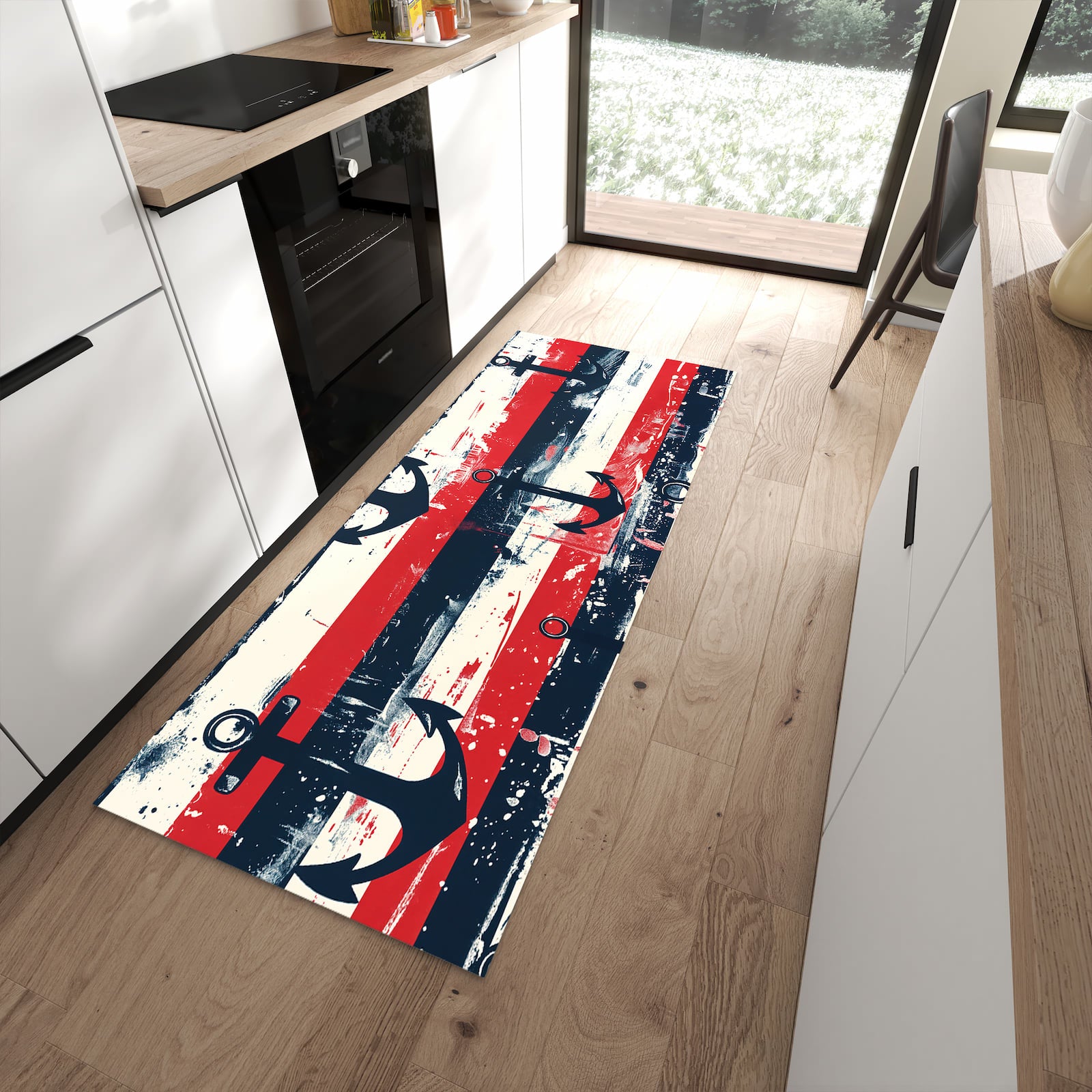 Waschbarer Küchenläufer mit Motiv Anker Streifen in moderner Küche