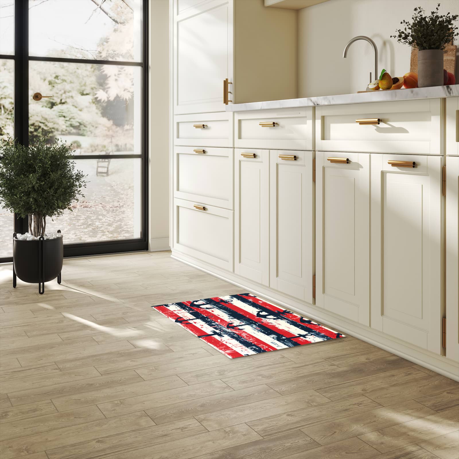 Waschbarer Küchenläufer mit Motiv Anker Streifen für Trittkomfort in heller Küche