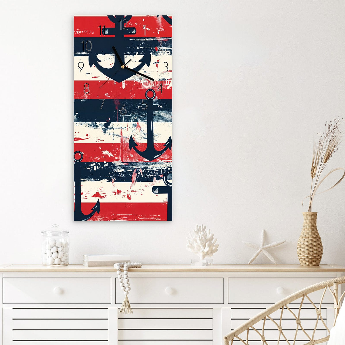 Wanduhr Anker Streifen aus Glas – Hochformat 30 × 60 cm – Blaue Anker auf rot-weißen Streifen