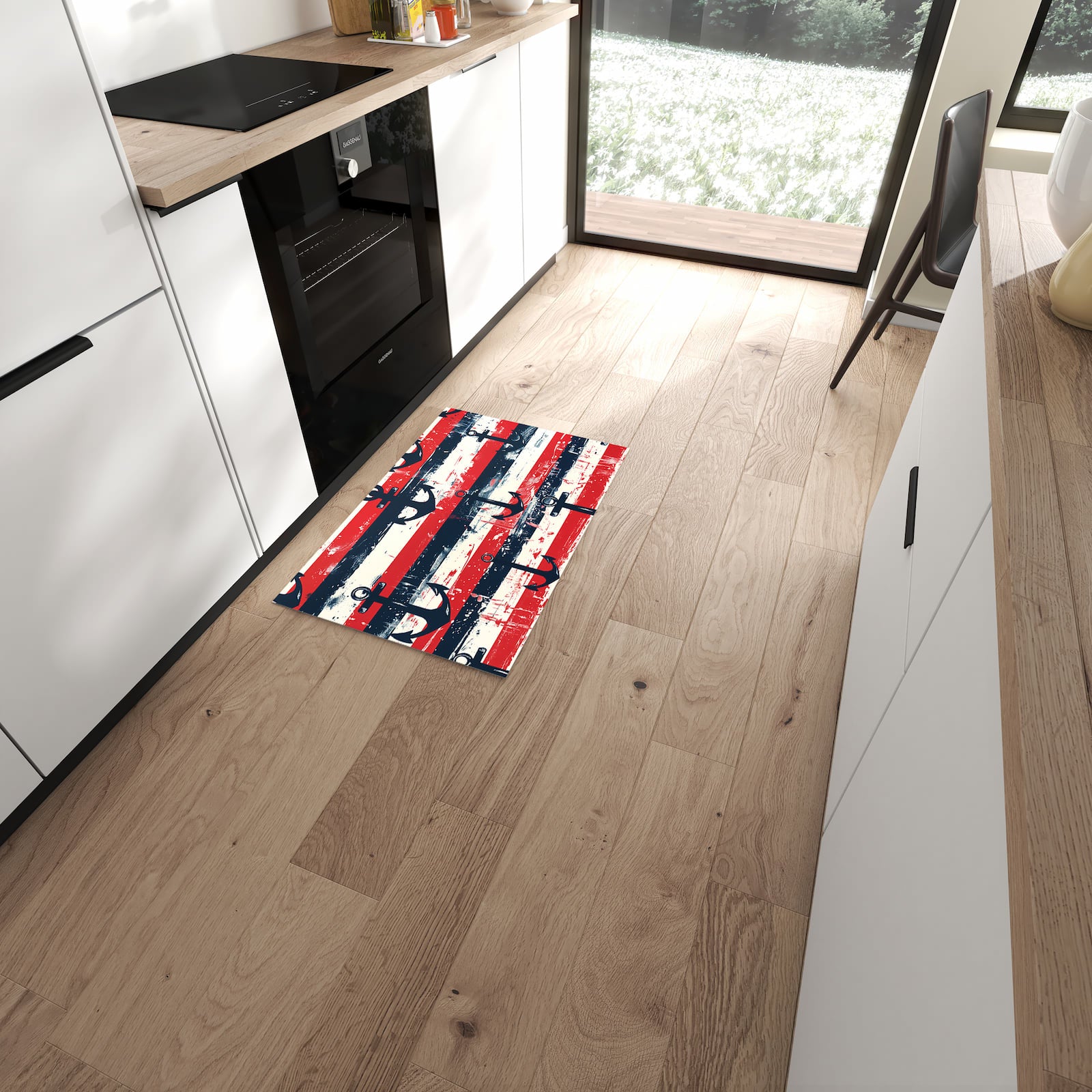 Strapazierfähiger Küchenläufer mit Motiv Anker Streifen in moderner Küche