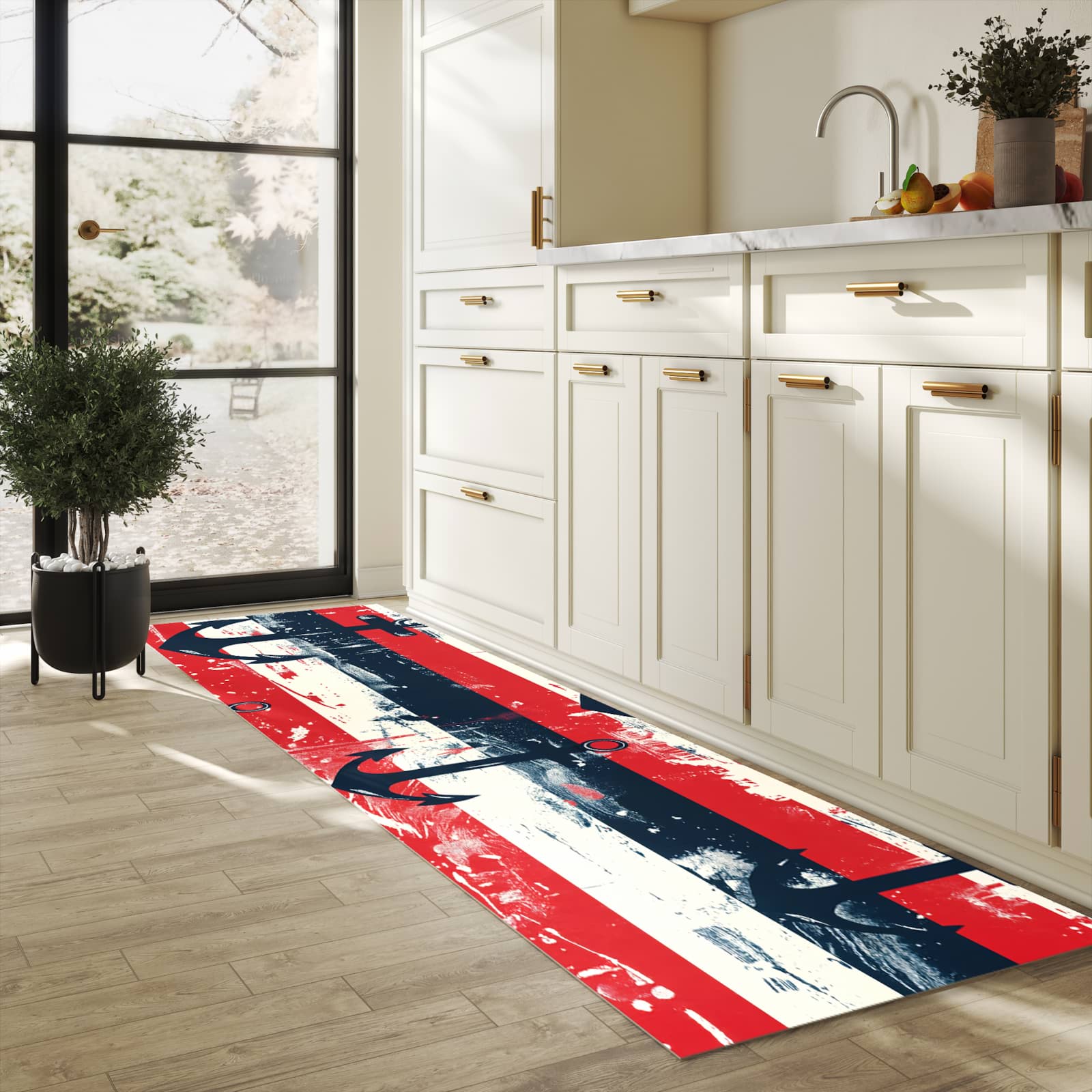 Geruchsneutraler rutschfester Läufer mit Motiv Anker Streifen in heller Küche