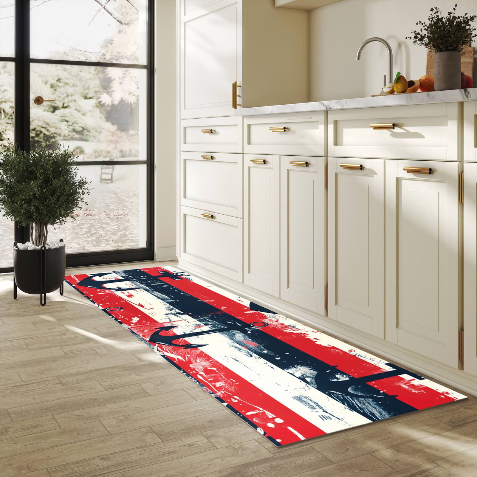 Schmutzabweisender Läufer mit Motiv Anker Streifen für Eingangsbereich in heller Küche