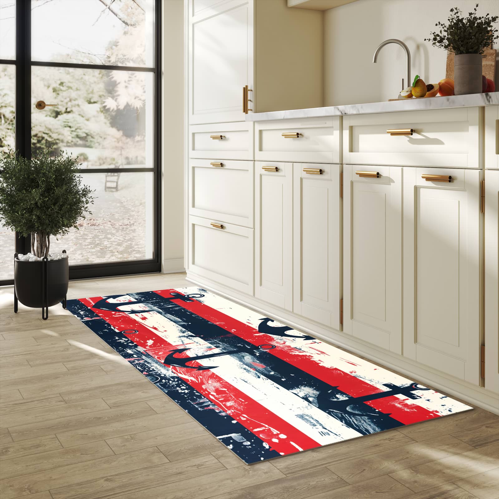Flacher rutschfester Küchenteppich mit Motiv Anker Streifen in heller Küche