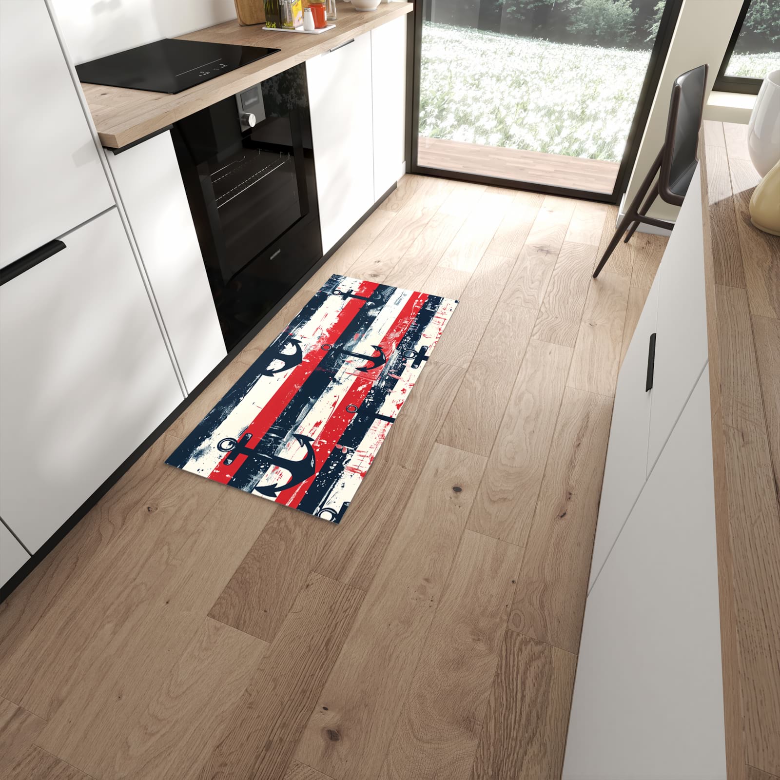 Pflegeleichter Läufer für die Küche mit Motiv Anker Streifen in moderner Küche #grösse_60 x 120 cm