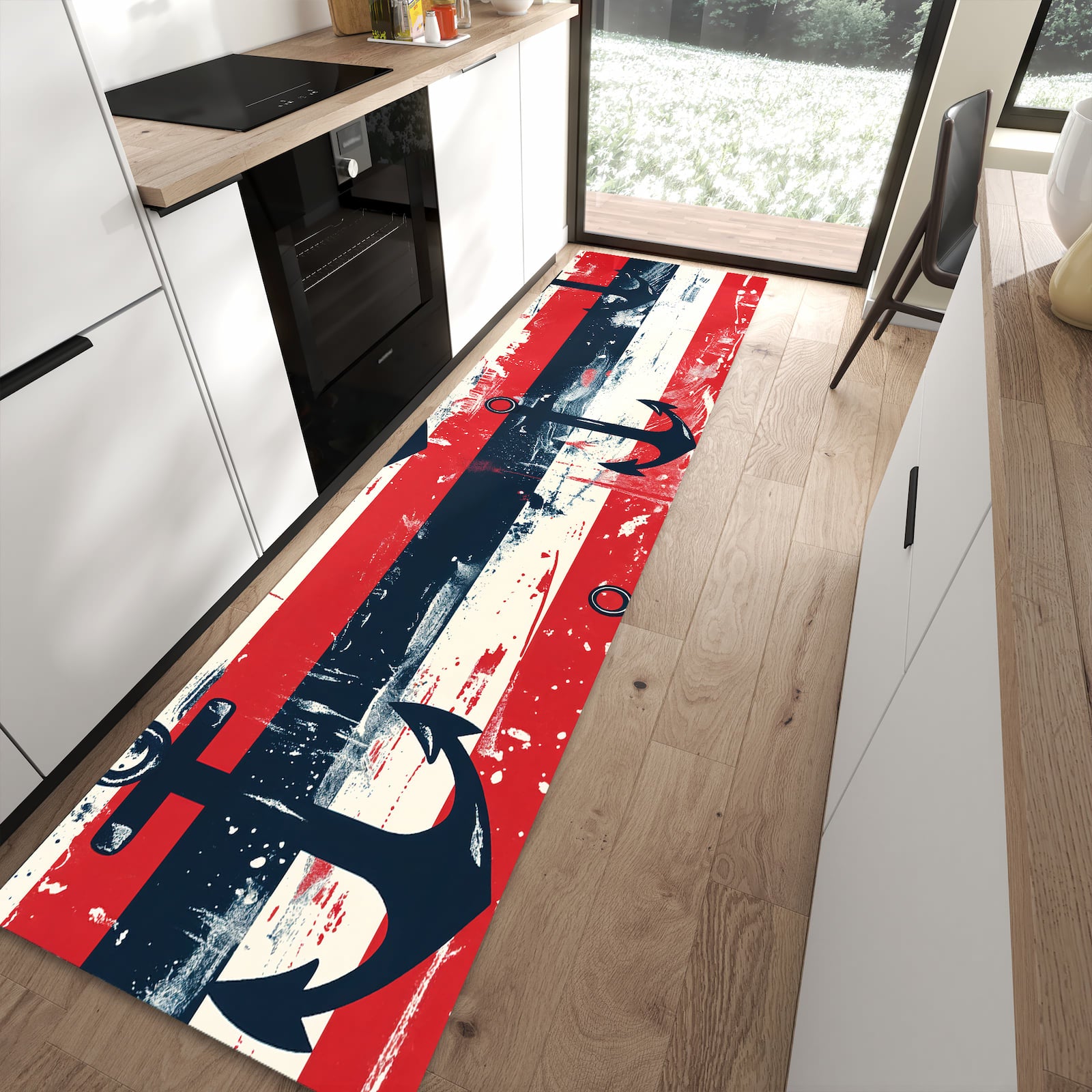 Feuchtigkeitsresistenter waschbarer Küchenläufer mit Motiv Anker Streifen in moderner Küche