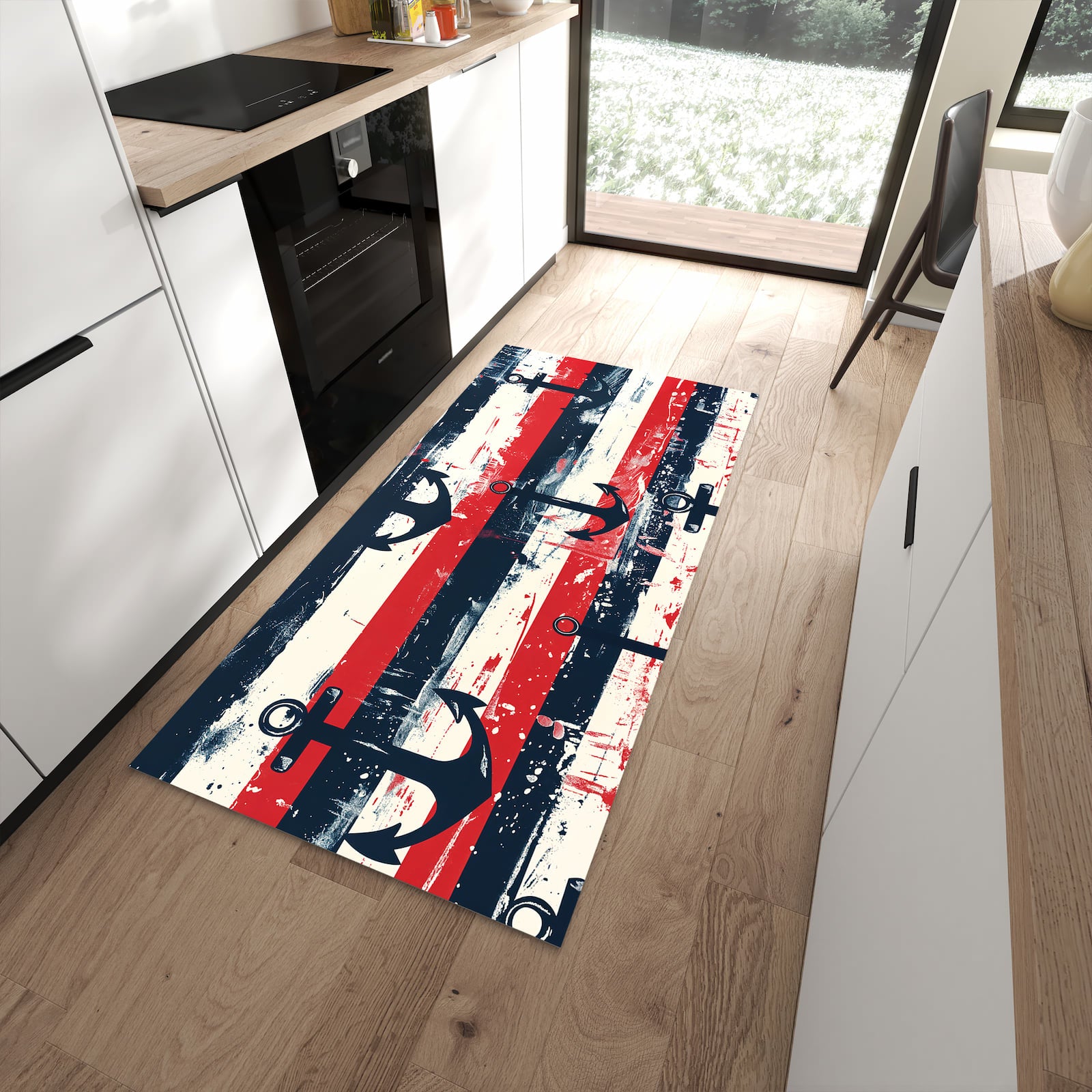 Bodenschonender langer Teppich mit Motiv Anker Streifen in moderner Küche