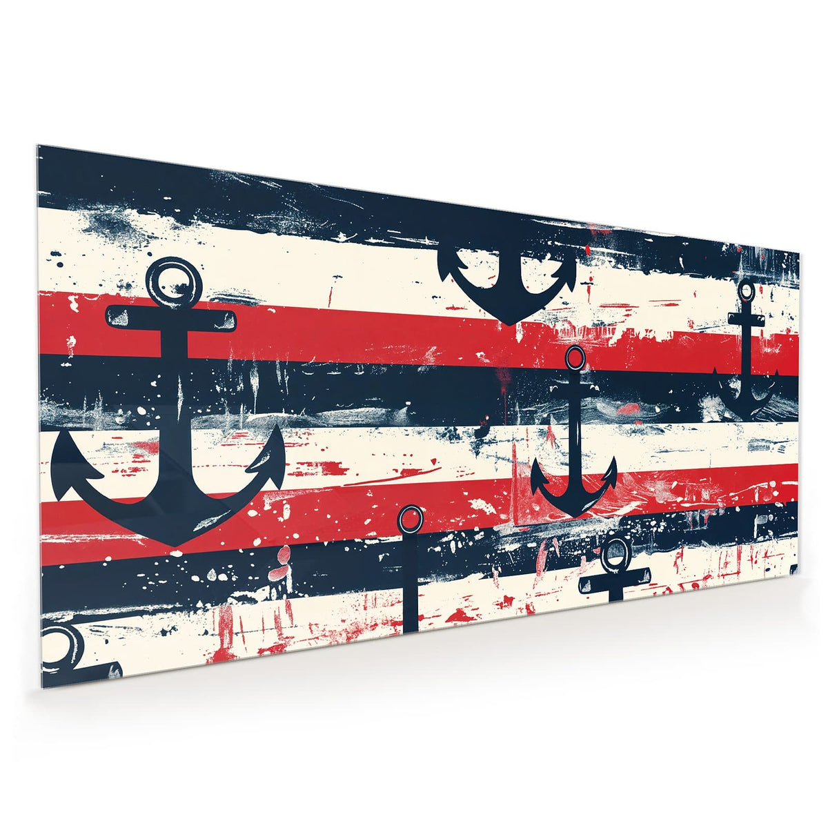 Küchenrückwand aus Glas im Hochformat mit Motiv Anker auf Streifen: Marineblaue Anker auf rot-weiß gestreiftem, abgenutztem Grund