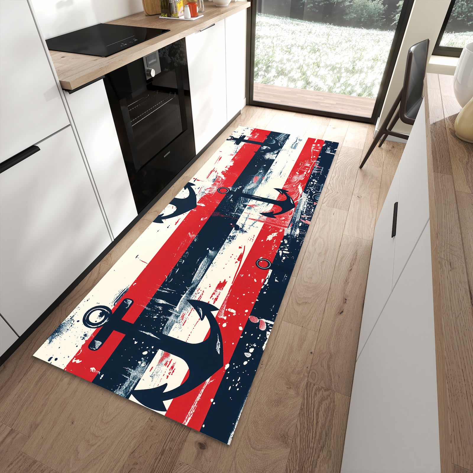 Küchenläufer mit Motiv Anker Streifen für Ordnung im Eingangsbereich moderner Küche