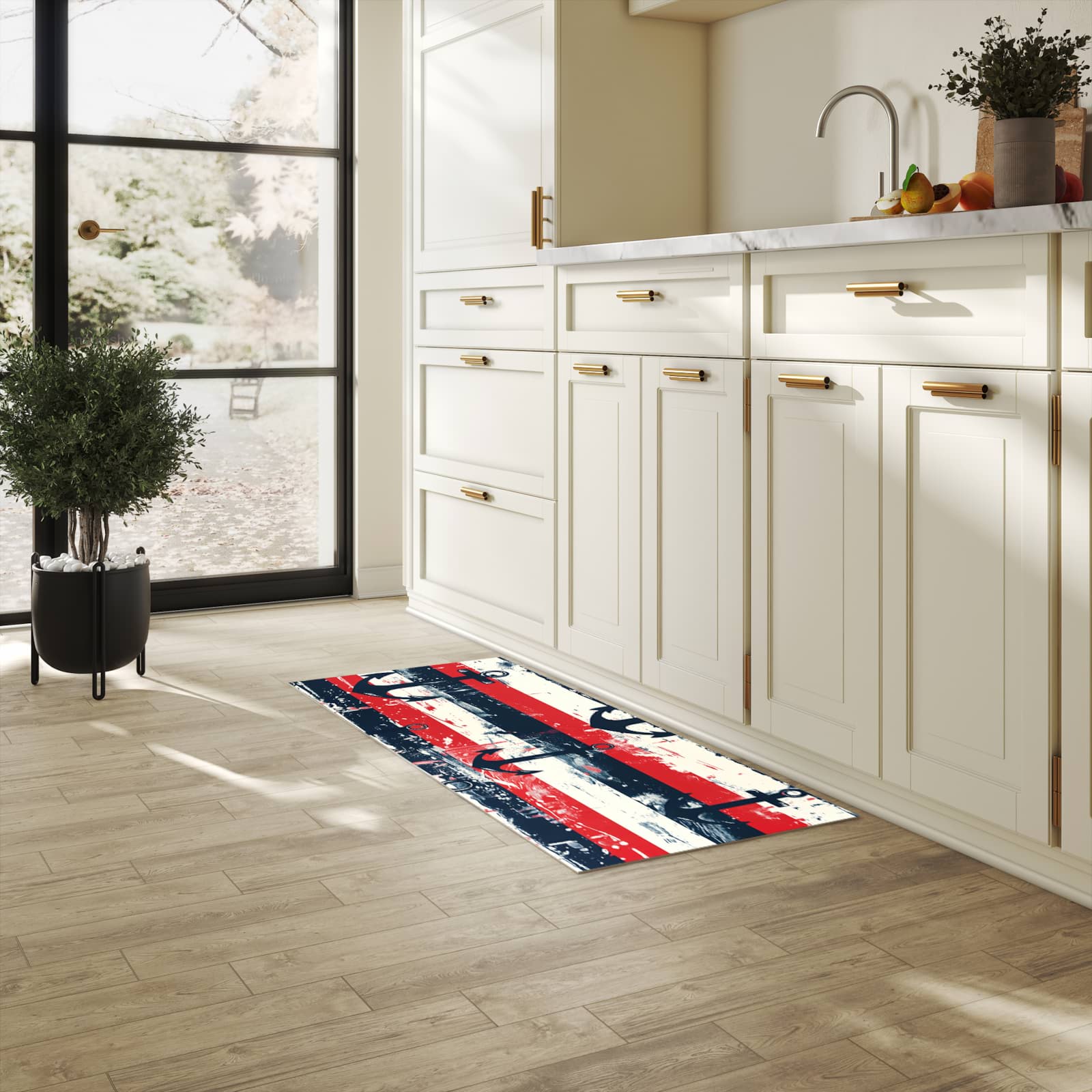 Küchenvorleger mit Motiv Anker Streifen in heller Küche für sichere Aufbewahrung