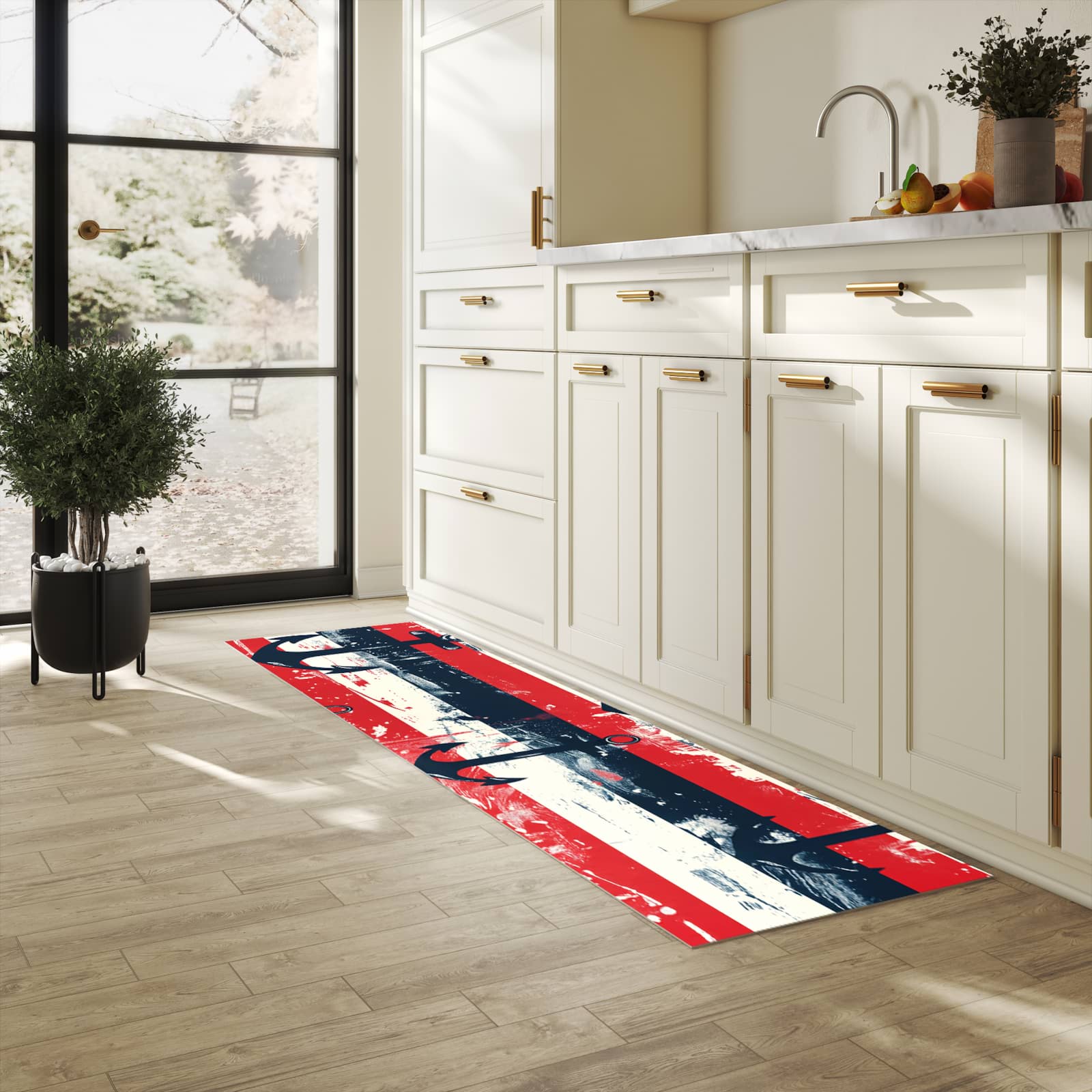 Geräuschdämpfender Küchenläufer mit Motiv Anker Streifen in heller Küche