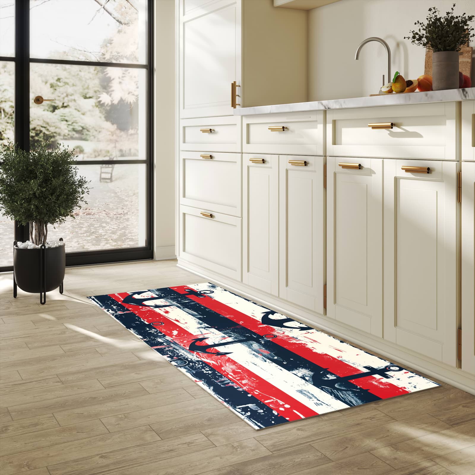 Wasserabweisender Küchenläufer mit Motiv Anker Streifen in heller Küche