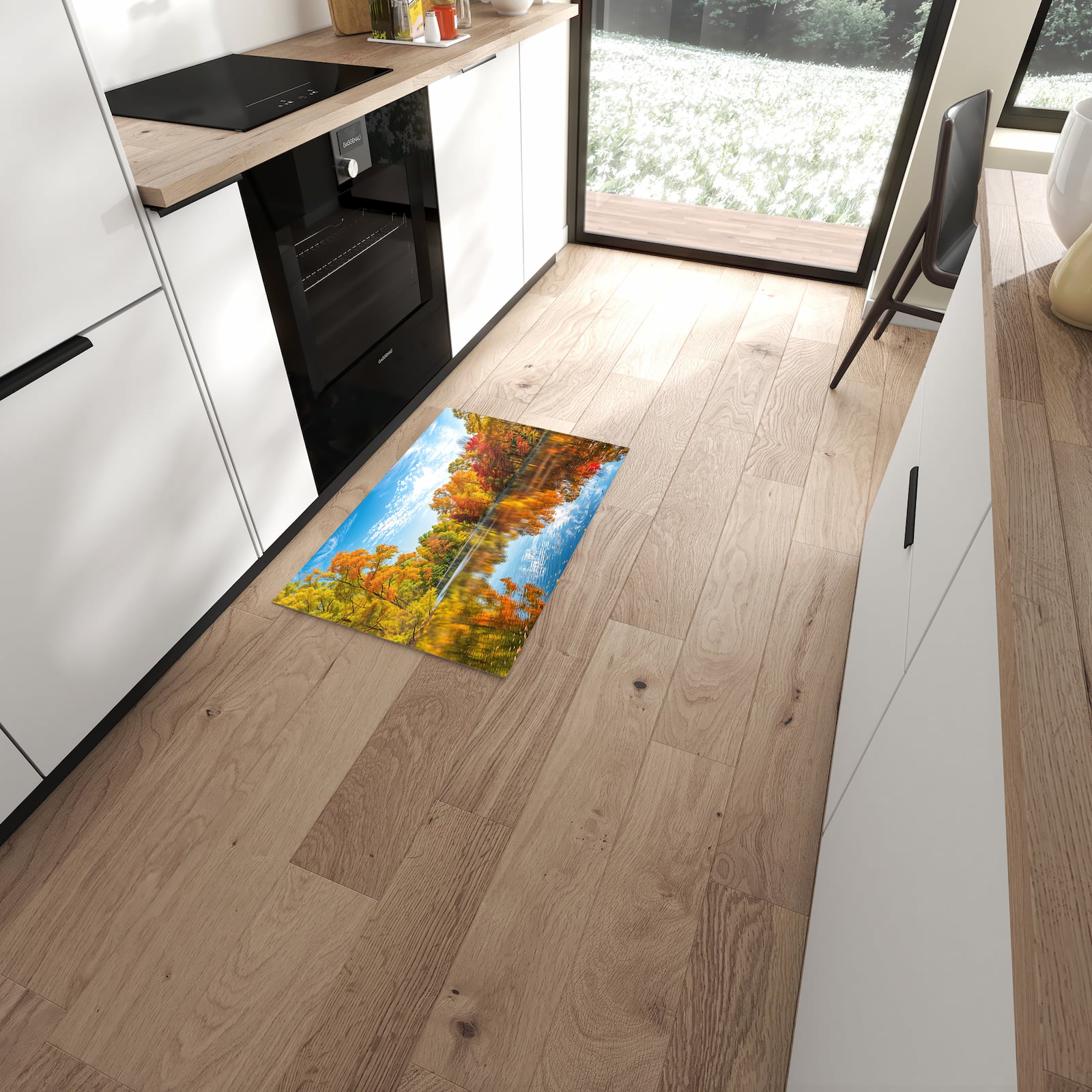 Komfortabler Küchenteppich mit Motiv Herbstlicher See in moderner Küche