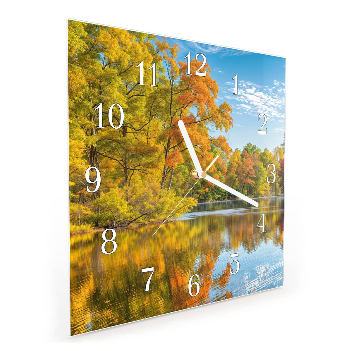 Quadratische Wanduhr aus Glas Spiegelung im Herbstsee schräg von der Seite, 4 mm starkes Glas