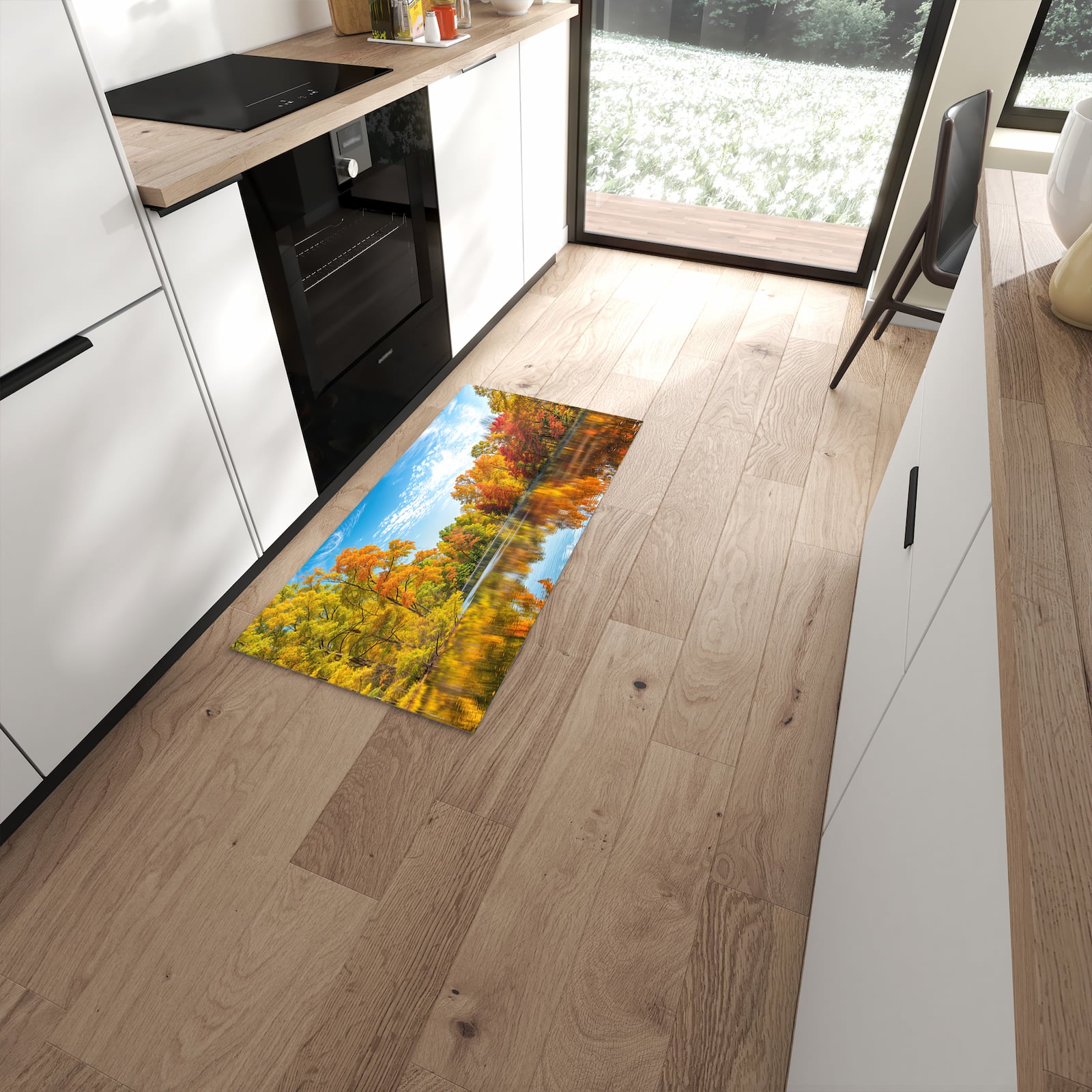 Formstabiler Küchenläufer nach Maß mit Motiv Herbstlicher See in moderner Küche #grösse_60 x 120 cm