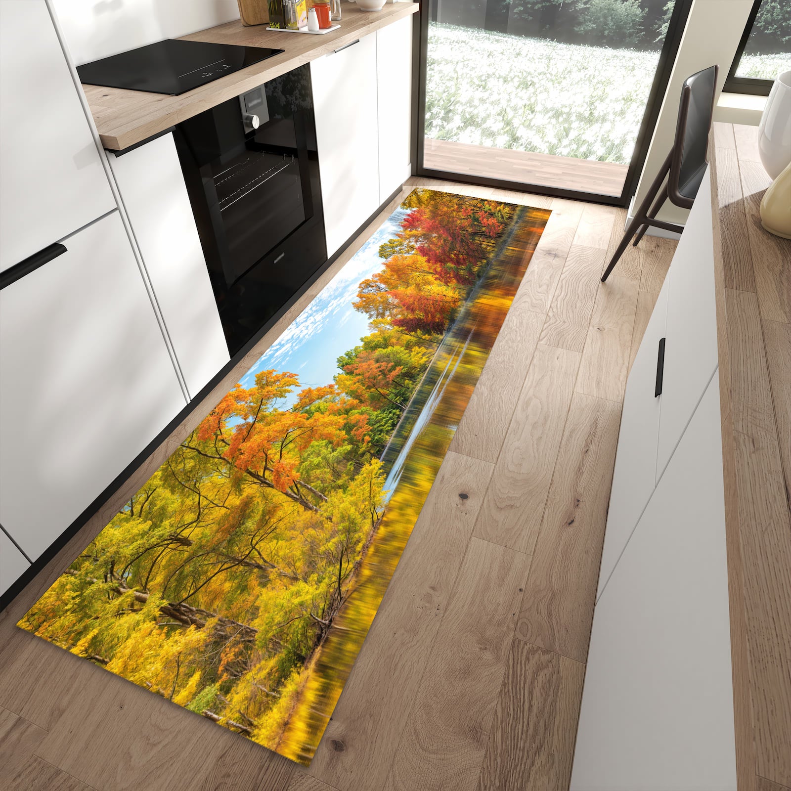 Schmutzabweisender Teppich für die Küche mit Motiv Herbstlicher See in moderner Küche