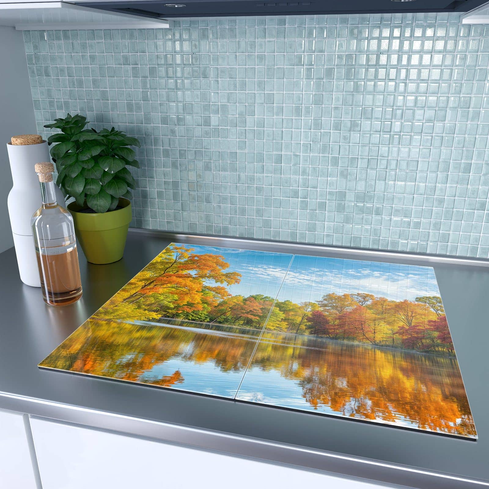 2-teilige Herdabdeckplatte mit Herbstlicher See-Motiv auf dem Ceranfeld