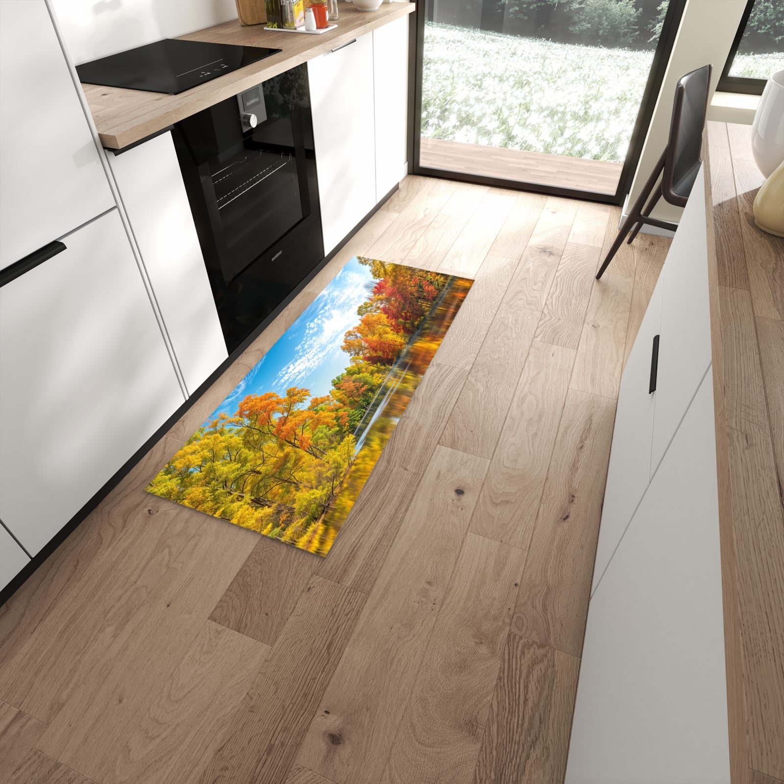 Waschbarer Küchenläufer mit Motiv Herbstlicher See in moderner Küche für sichere Aufbewahrung #grösse_60 x 150 cm
