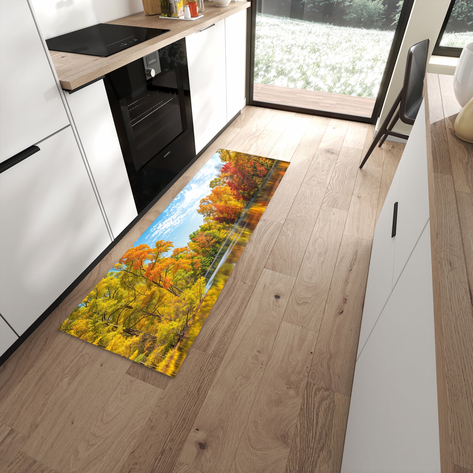 Zeitsparender moderner Küchenläufer mit Motiv Herbstlicher See in moderner Küche