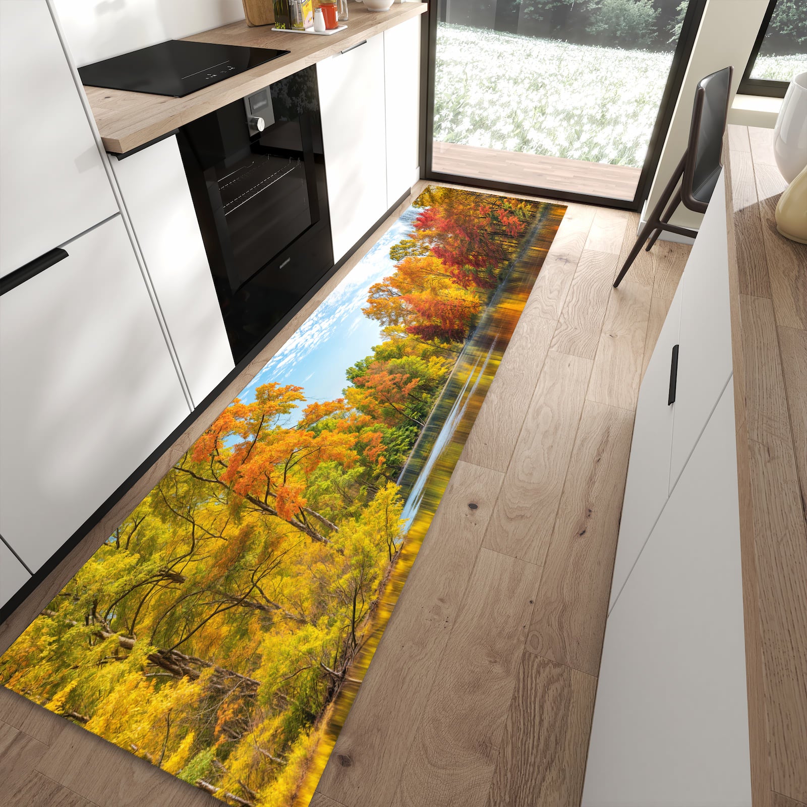 Geruchsneutraler Küchenteppich mit Motiv Herbstlicher See in moderner Küche