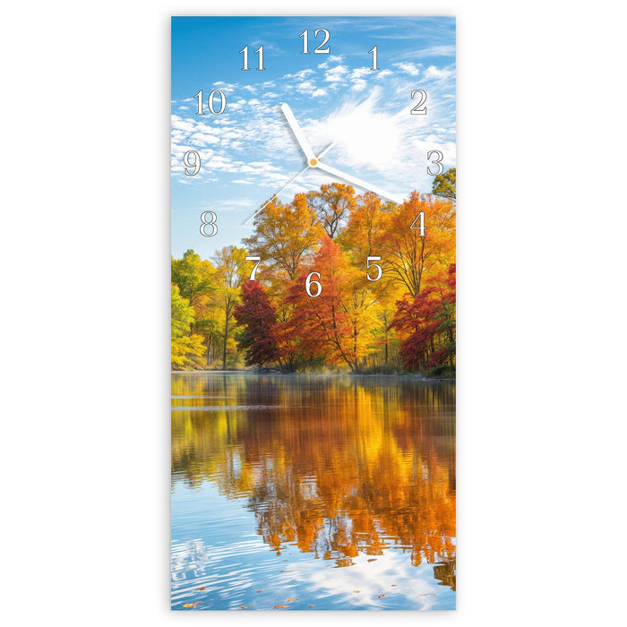 Wanduhr Herbstlicher See aus Glas – Hochformat 30 × 60 cm mit Ziffernblatt Klassisch