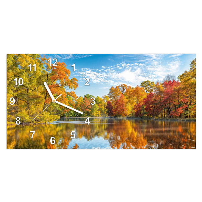 Wanduhr Herbstlicher See aus Glas – Querformat 60 × 30 cm mit Ziffernblatt Modern