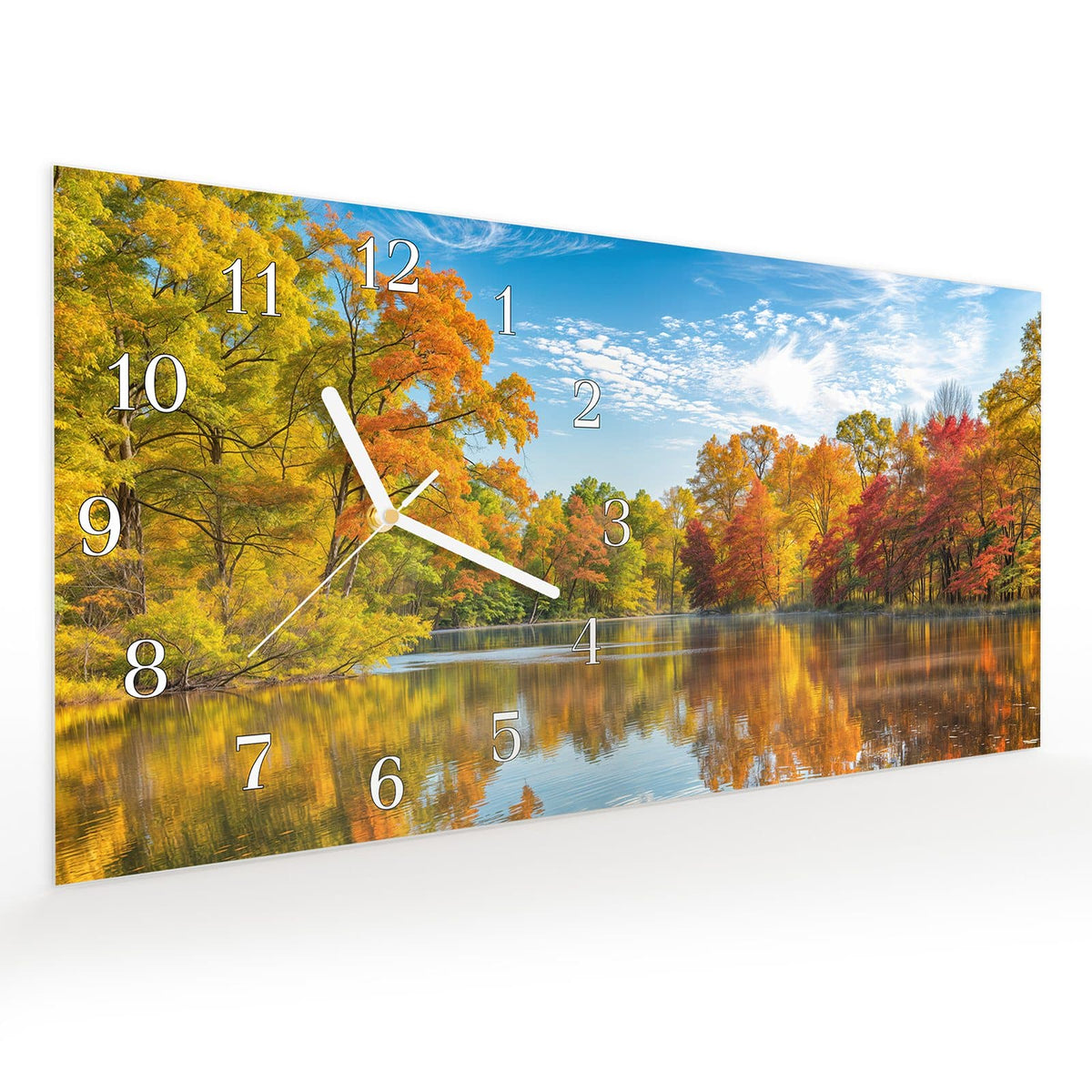 Vormontiert – mit Schwebeeffekt – Wanduhr Herbstlicher See aus Glas – Querformat 60 × 30 cm