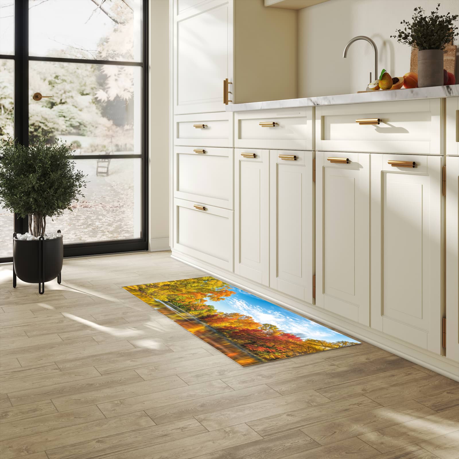 Abwaschbarer Küchenteppich mit Motiv Herbstlicher See in heller Küche