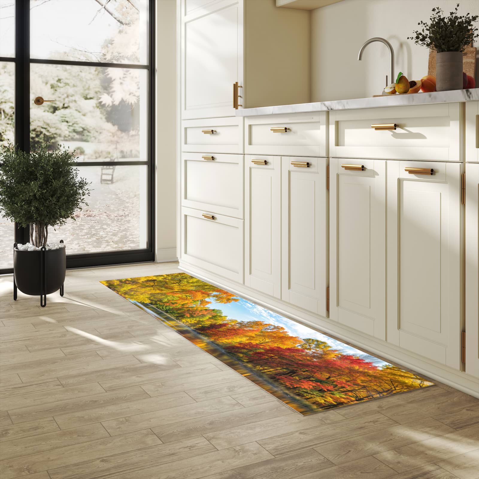 Hygienischer Küchenteppich mit Motiv Herbstlicher See in heller Küche