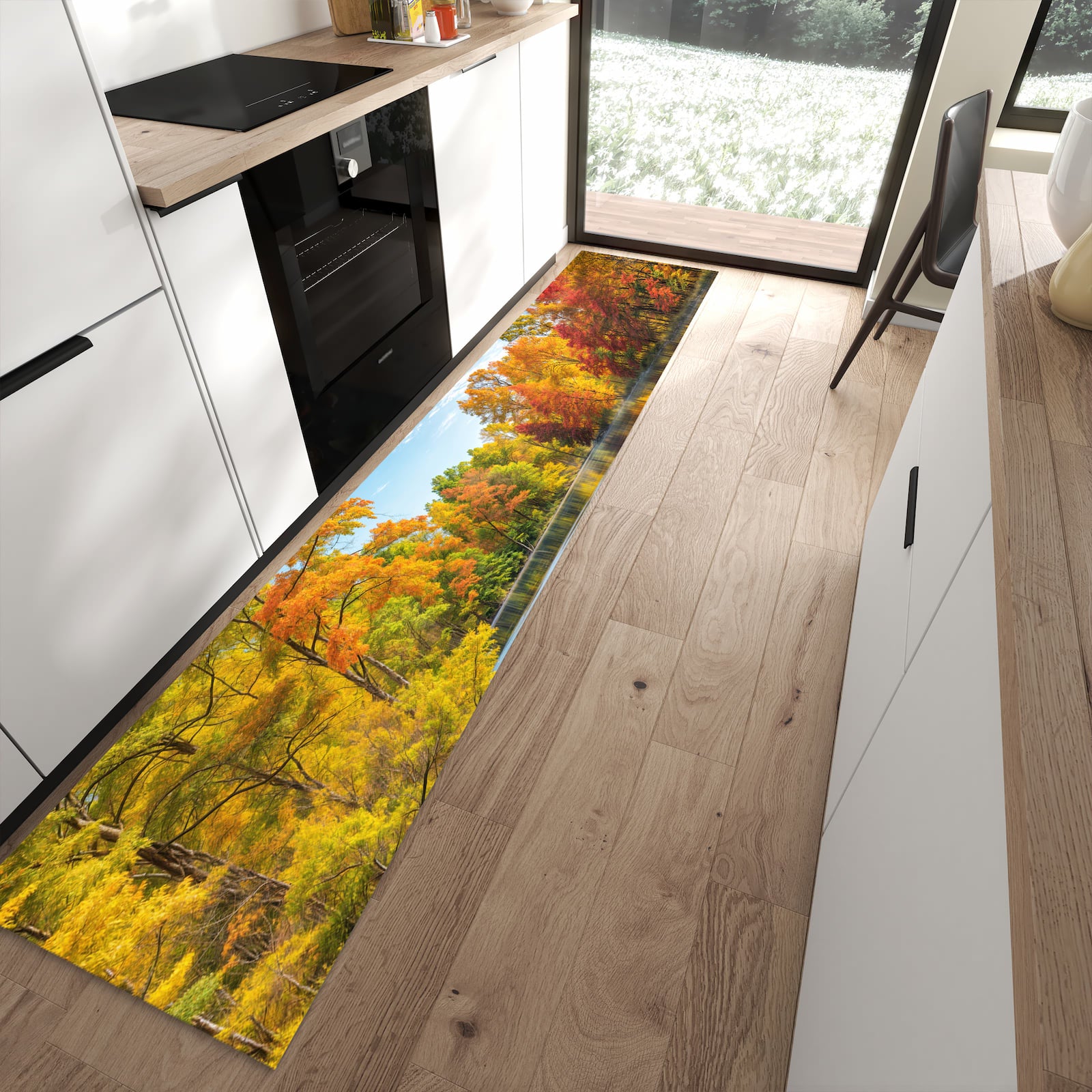 UV-beständiger Küchenteppich mit Motiv Herbstlicher See in moderner Küche