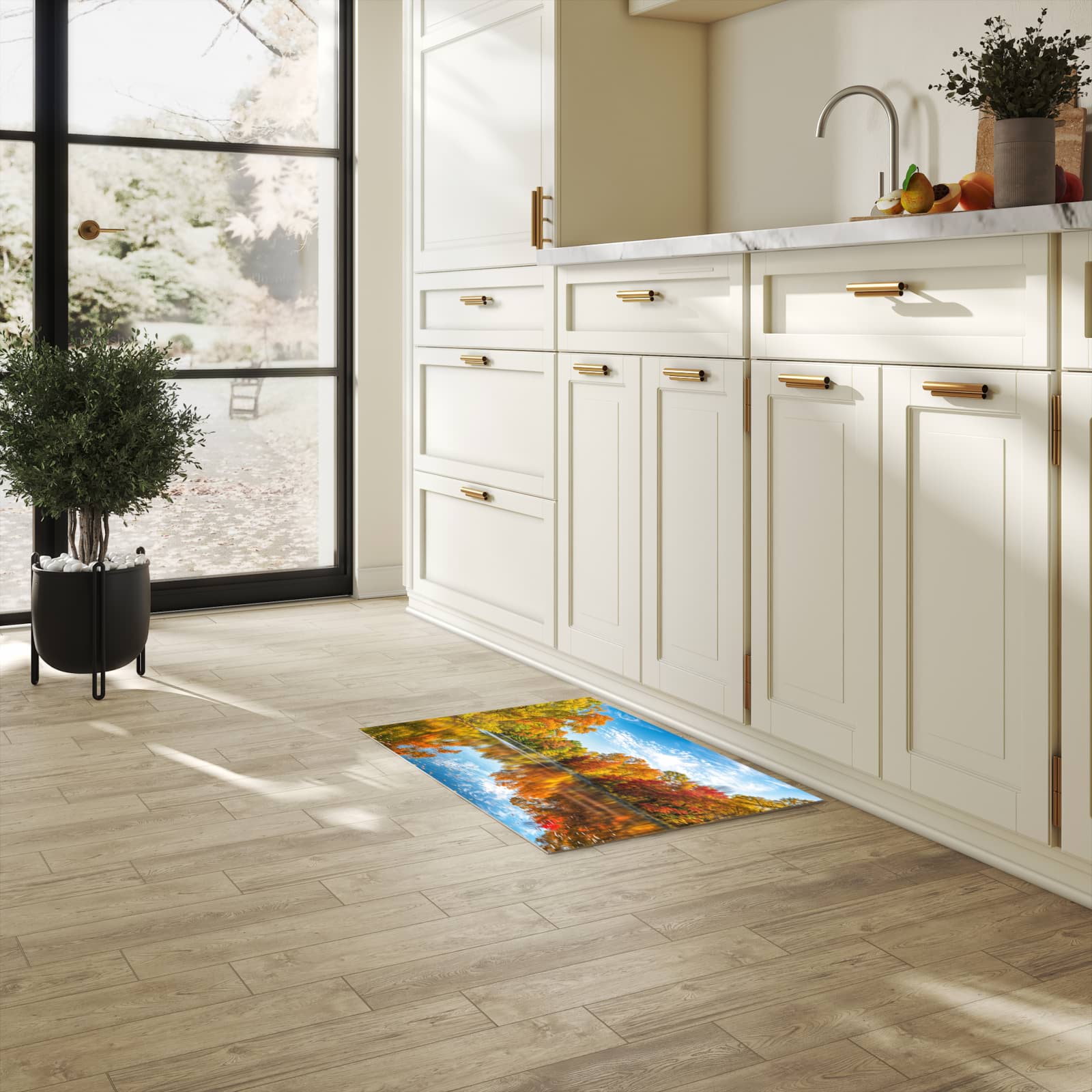 Langlebiger Teppich für die Küche mit Motiv Herbstlicher See in heller Küche