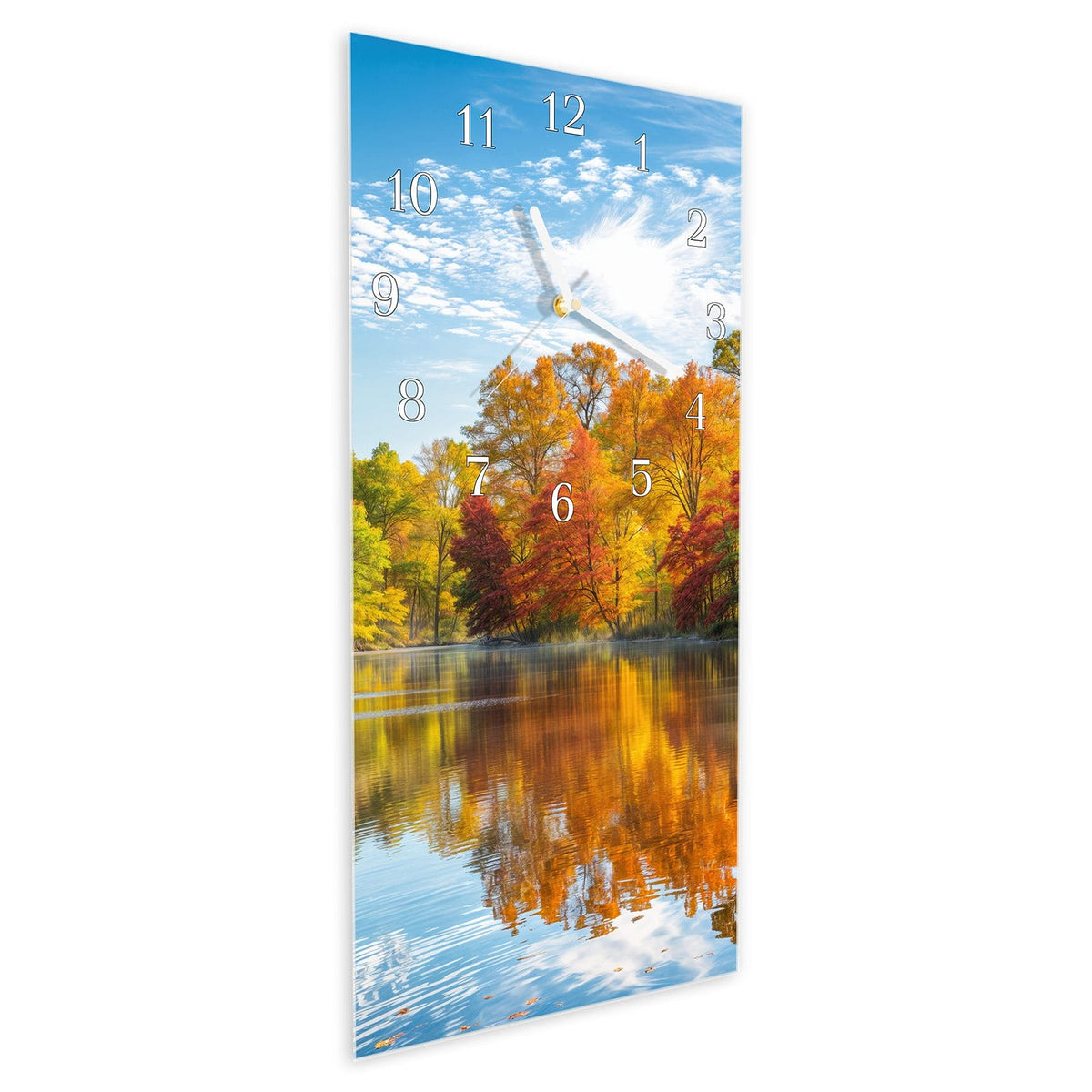 Vormontiert – mit Schwebeeffekt – Wanduhr Herbstlicher See aus Glas – Hochformat 30 × 60 cm