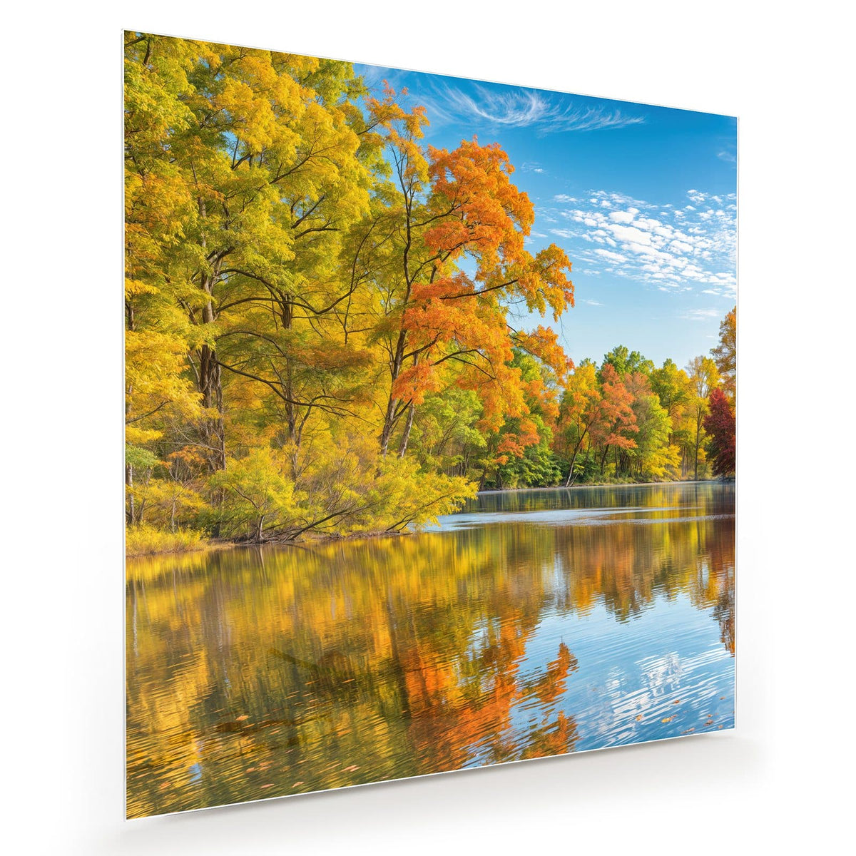 Bunt gefärbte Laubbäume am Seeufer, klar gespiegelt im ruhigen Wasser, blauer Himmel