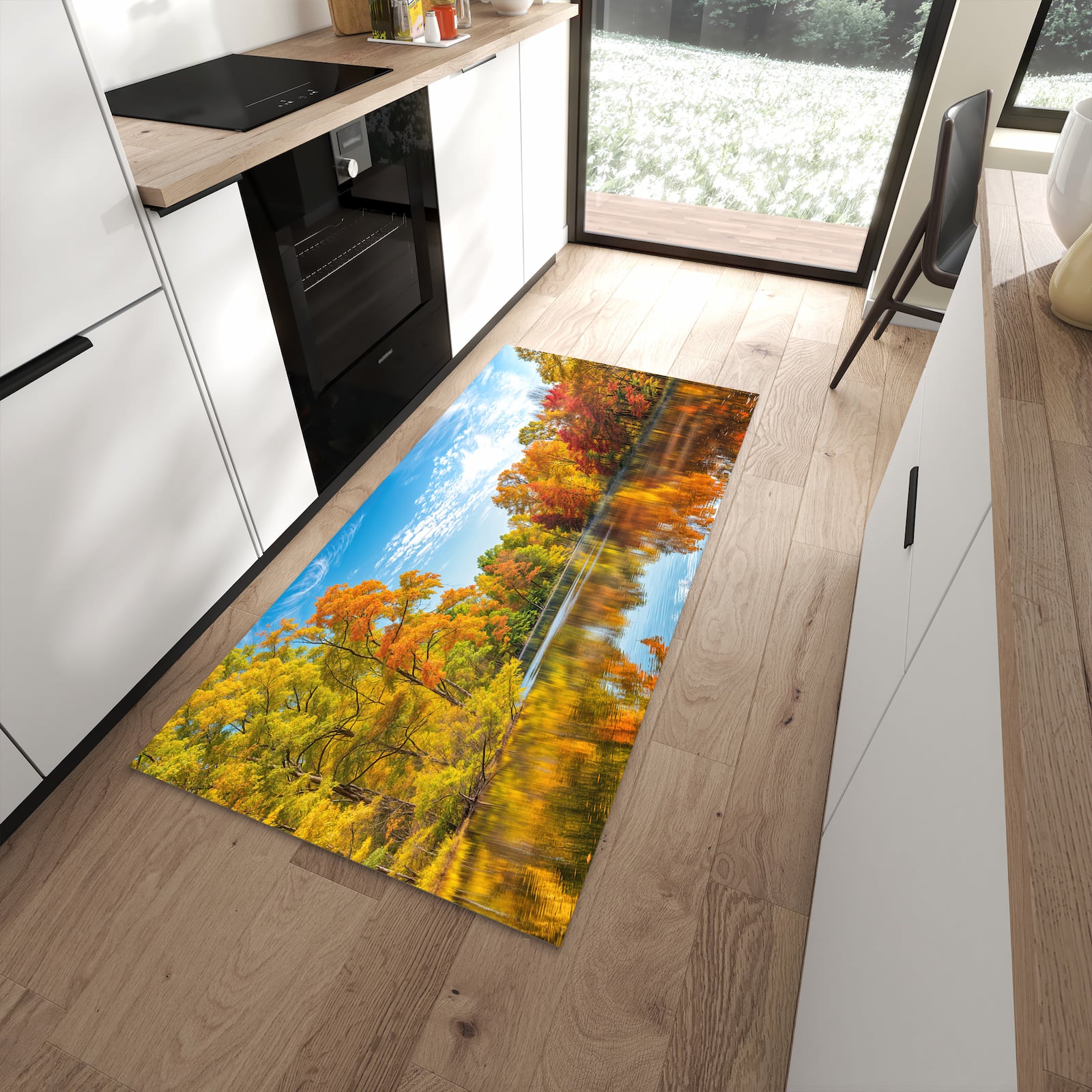 Langlebiger Küchenteppich mit Motiv Herbstlicher See in moderner Küche