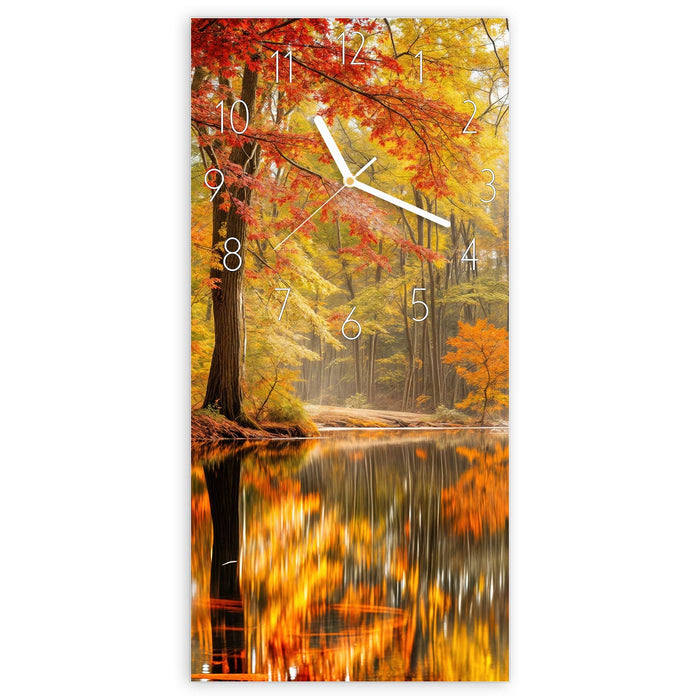 Wanduhr Herbstwald am See aus Glas – Hochformat 30 × 60 cm mit Ziffernblatt Elegant
