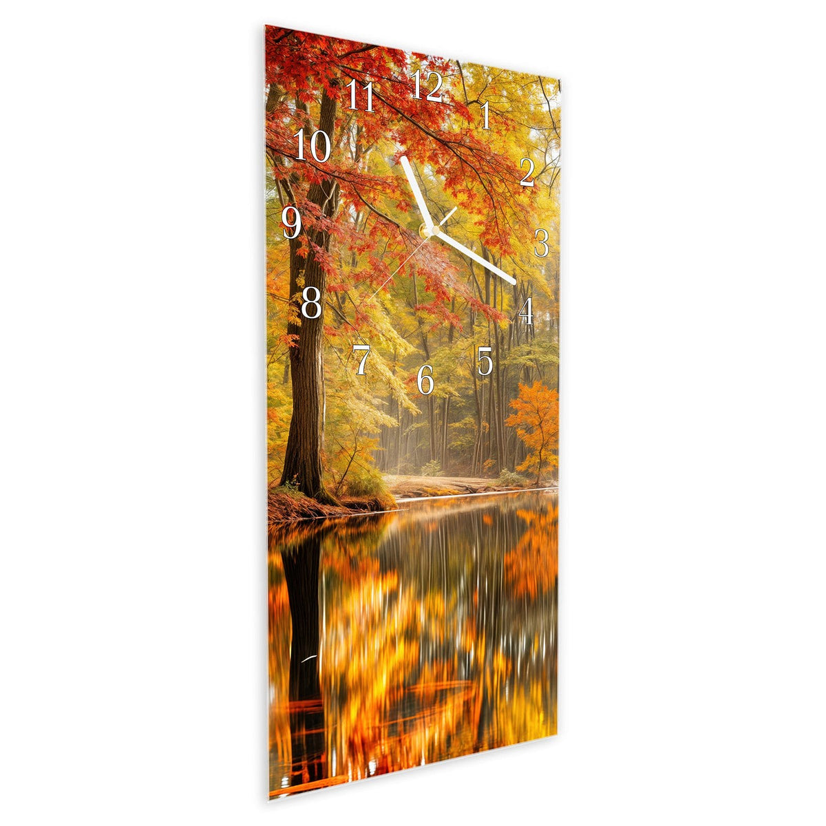 Vormontiert – mit Schwebeeffekt – Wanduhr Herbstwald am See aus Glas – Hochformat 30 × 60 cm