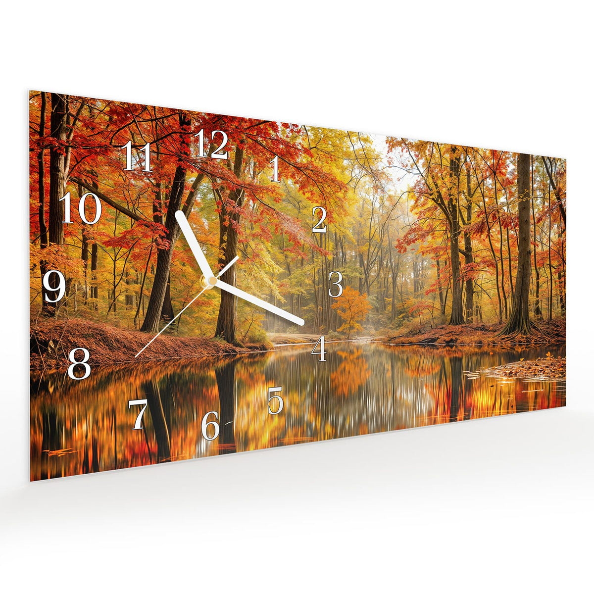 Vormontiert – mit Schwebeeffekt – Wanduhr Herbstwald am See aus Glas – Querformat 60 × 30 cm