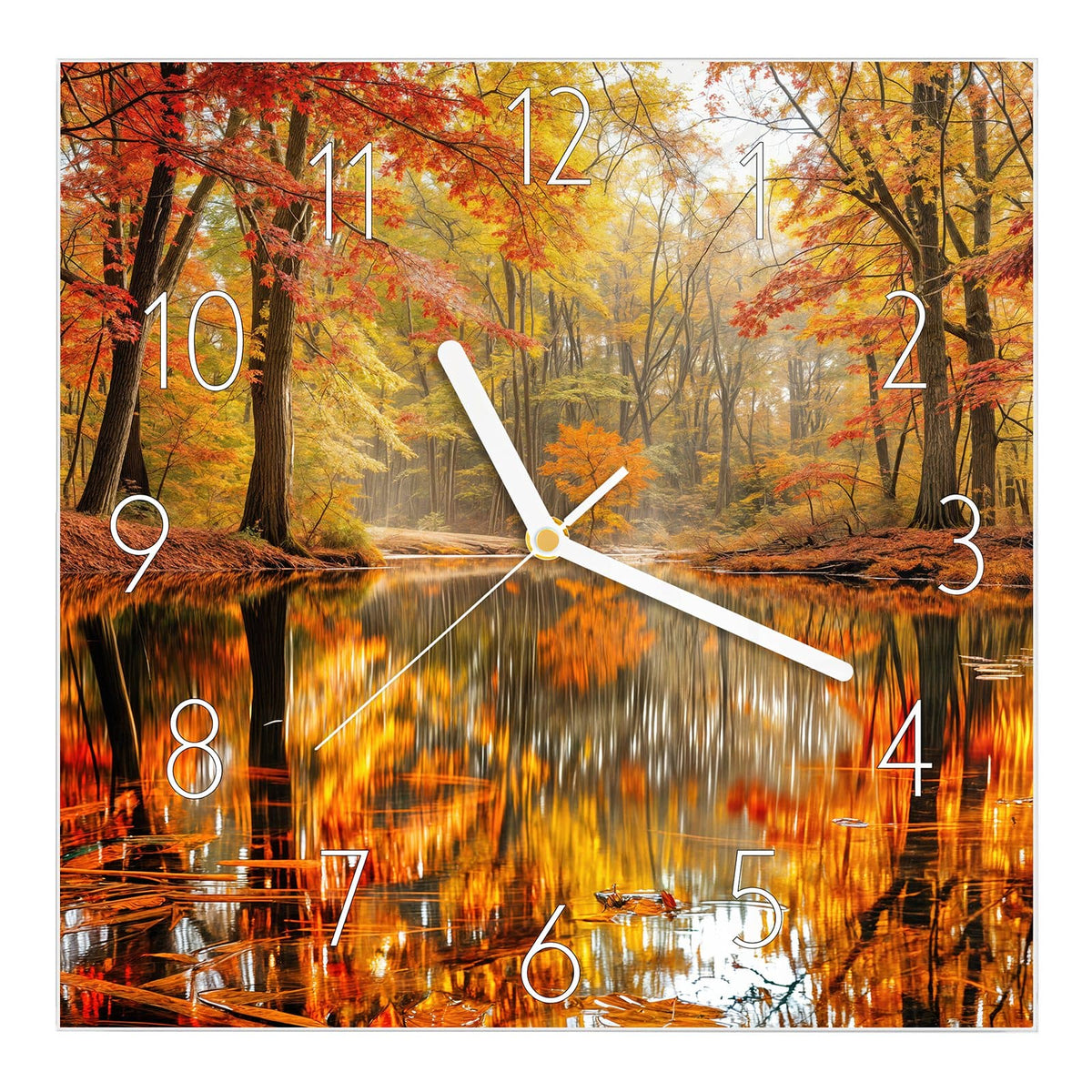 Wanduhr aus Glas, Ziffernblatt Elegant mit Motiv Herbstwald am See: Rot-goldener Herbstwald spiegelt sich in einem stillen Weiher #ziffernblatt_Elegant
