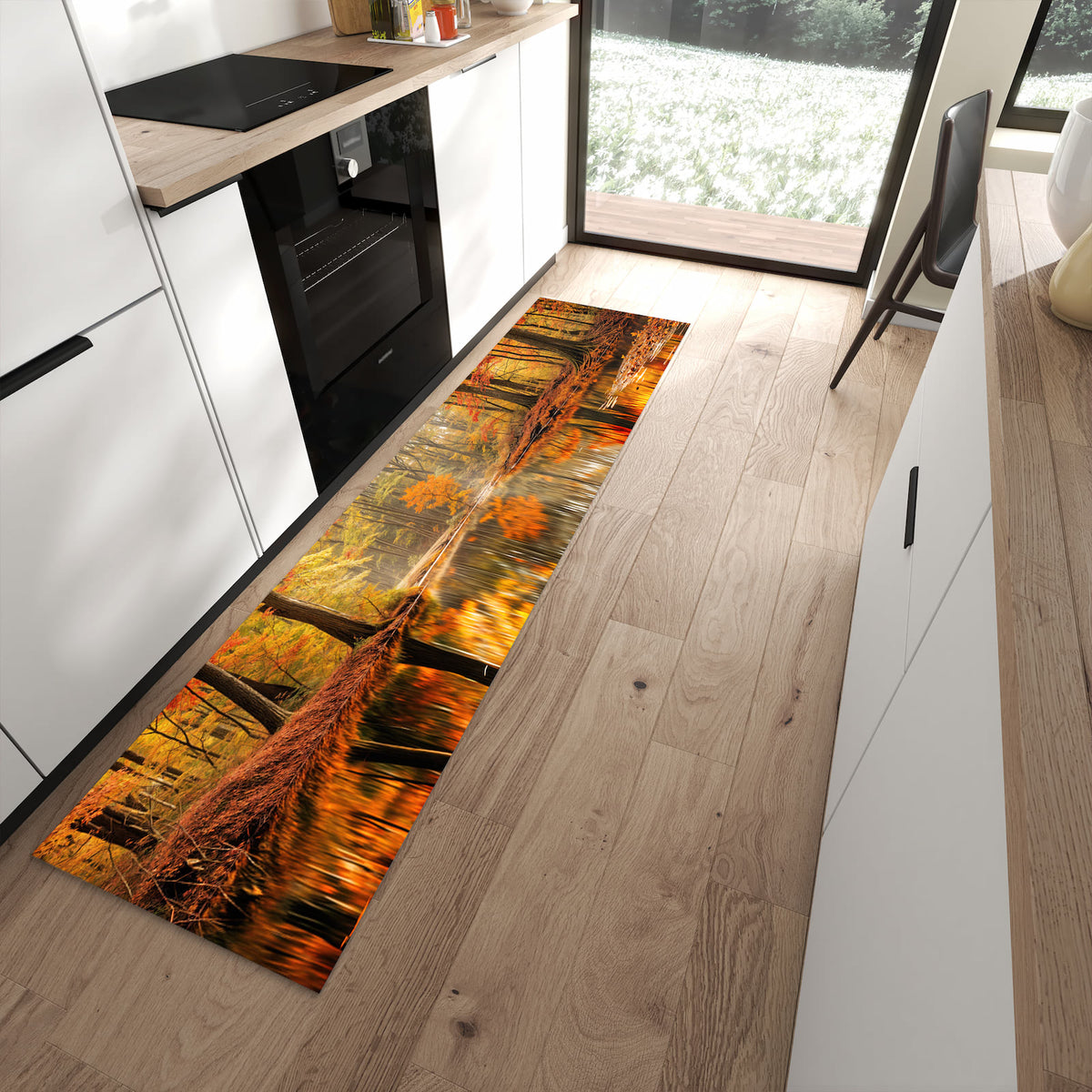 Hygienischer Küchenteppich mit Motiv Herbstwald am See in moderner Küche - waschbar