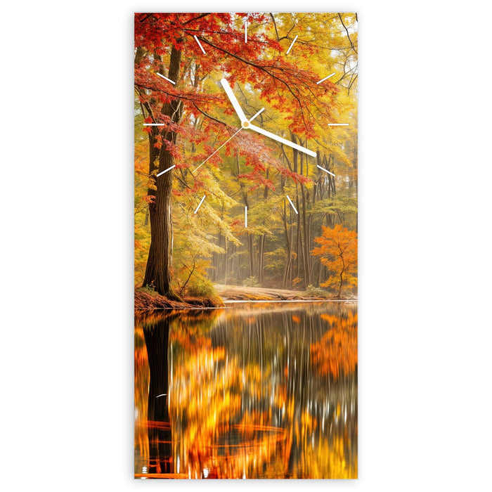 Wanduhr Herbstwald am See aus Glas – Hochformat 30 × 60 cm mit Ziffernblatt Linie