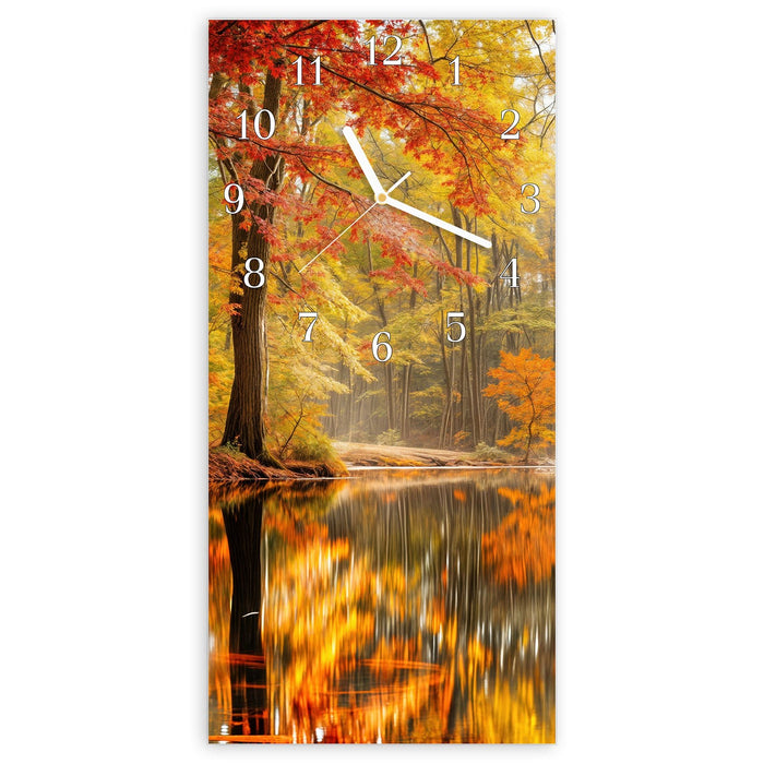 Wanduhr Herbstwald am See aus Glas – Hochformat 30 × 60 cm mit Ziffernblatt Klassisch