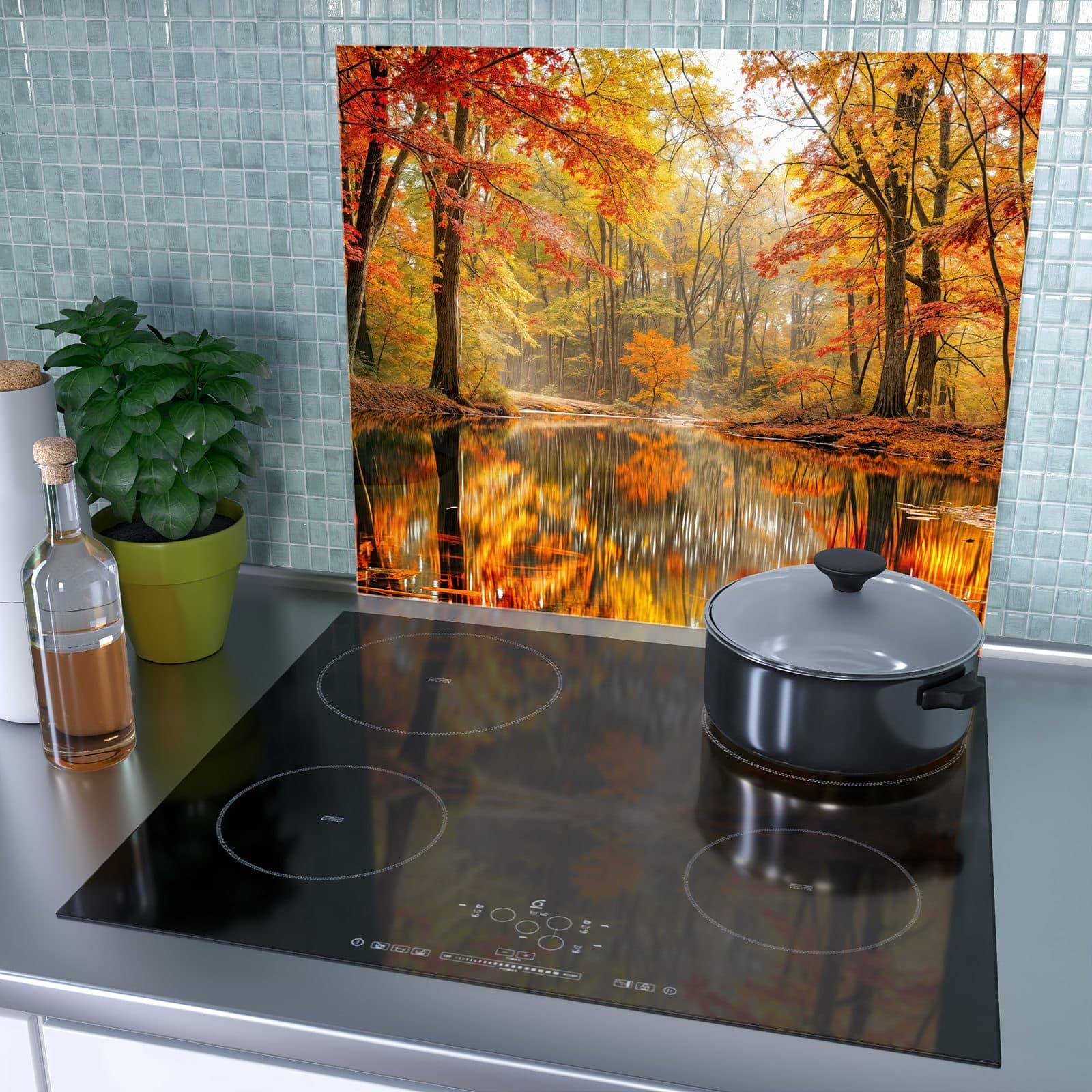 1-teilige Herdabdeckplatten mit Herbstwald am See-Motiv als Spritzschutz hinter dem Kochfeld