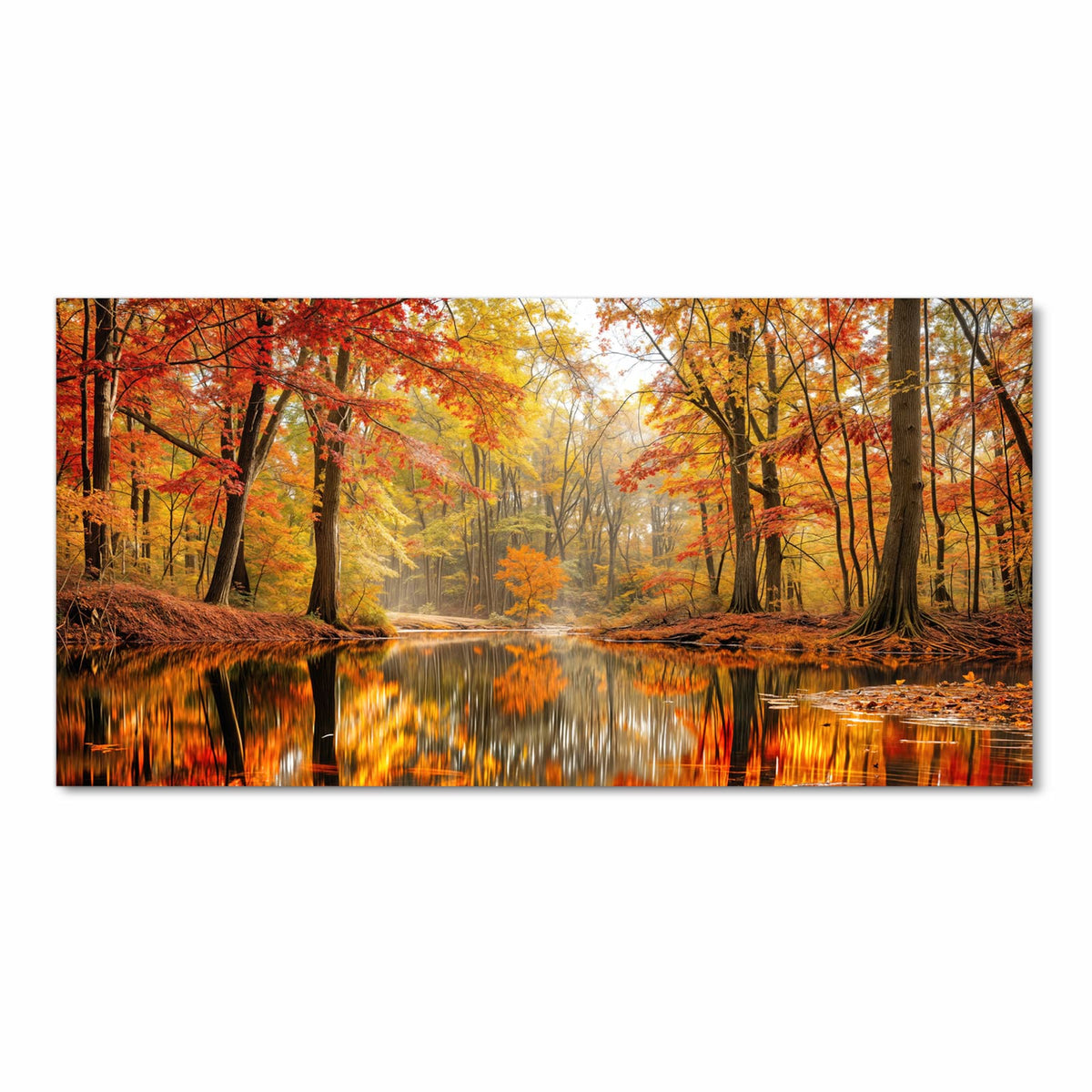 Fleckenresistenter waschbarer Küchenteppich mit Motiv Herbstwald am See in Frontansicht