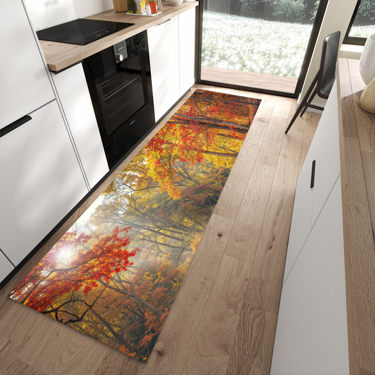 Langlebiger Küchenteppich mit Motiv Herbstwald See in moderner Küche