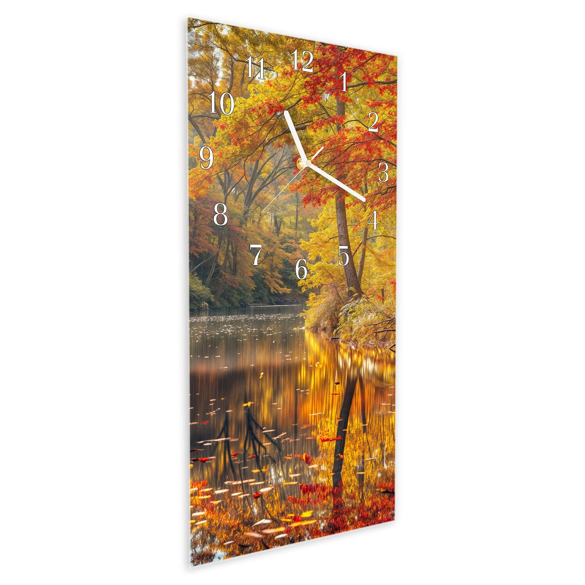 Vormontiert – mit Schwebeeffekt – Wanduhr Herbstwald See aus Glas – Hochformat 30 × 60 cm